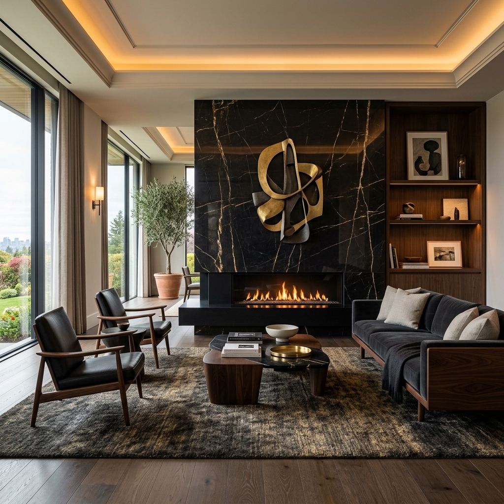 Cinematic luxury villa interior featuring large format porcelain slabs on floors and walls, moody lighting, modern minimalist furniture, ocean view through large windows.