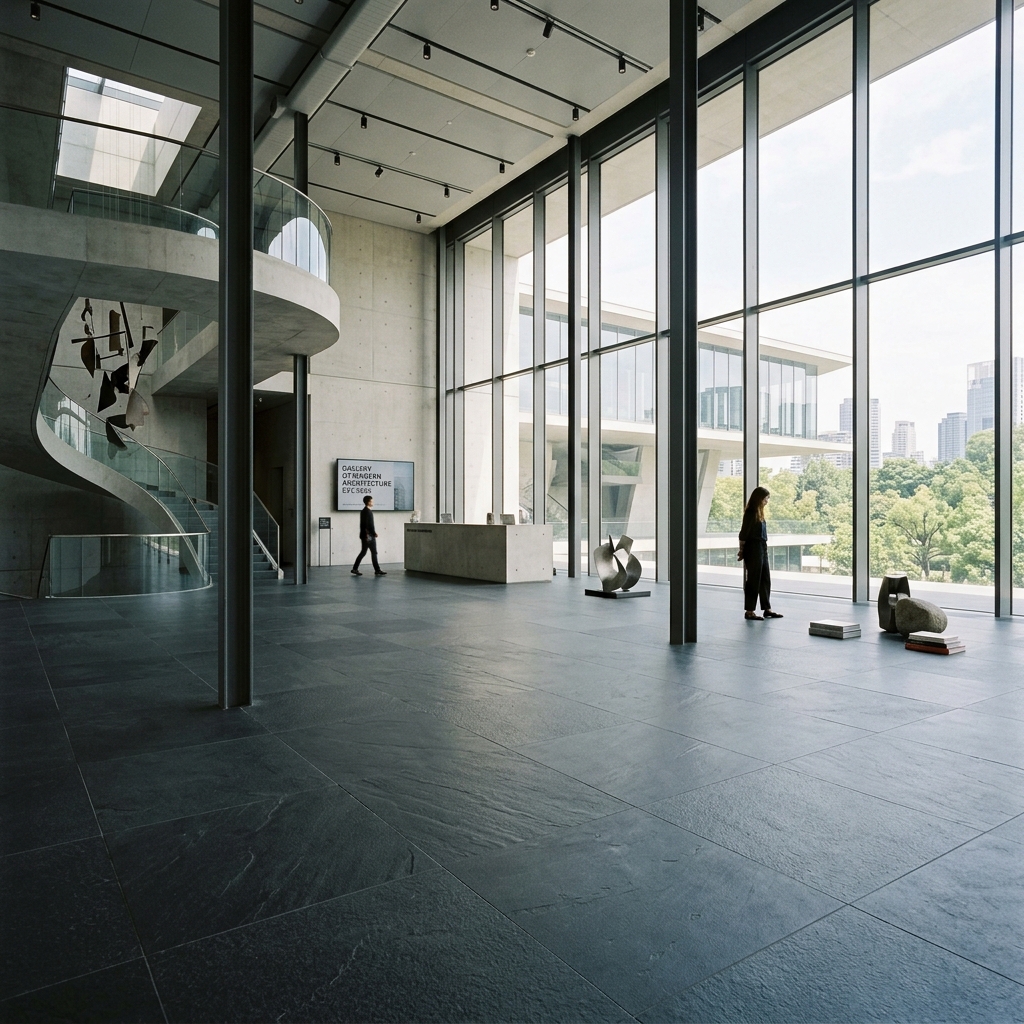 Minimalist design lobby floor paved with large-format Metallica Grey porcelain tiles