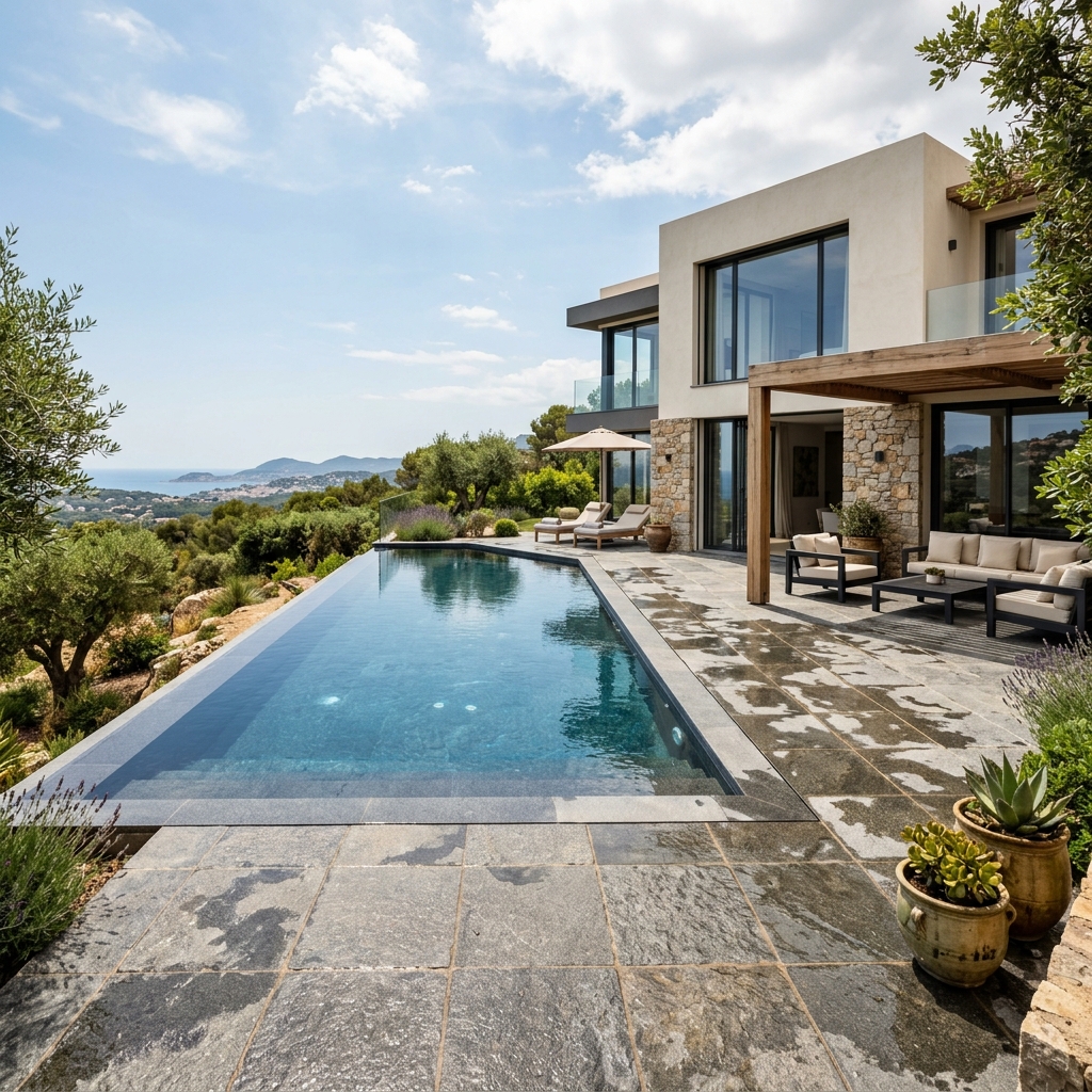 Luxury pool deck paved with 12mm thick Galaxy Stone porcelain tiles