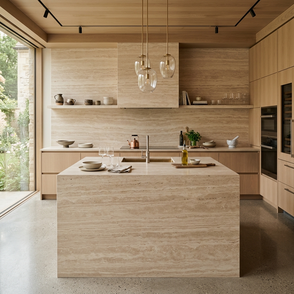 Luxury kitchen featuring Carving Travertine slabs on island and backsplash