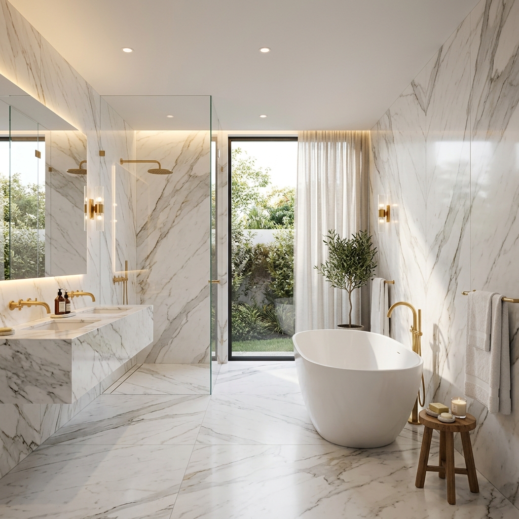 Satin Matt white marble cladded bathroom walls and floors